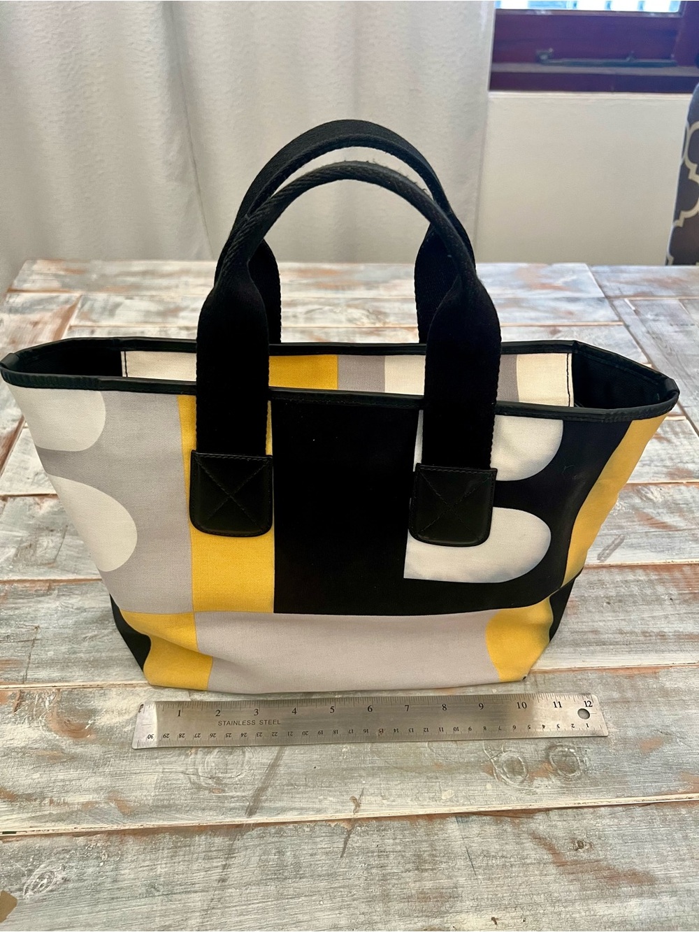 Bally Graphic Canvas Tote Bag Black White Yellow Zip Top Large Shoulder Bag